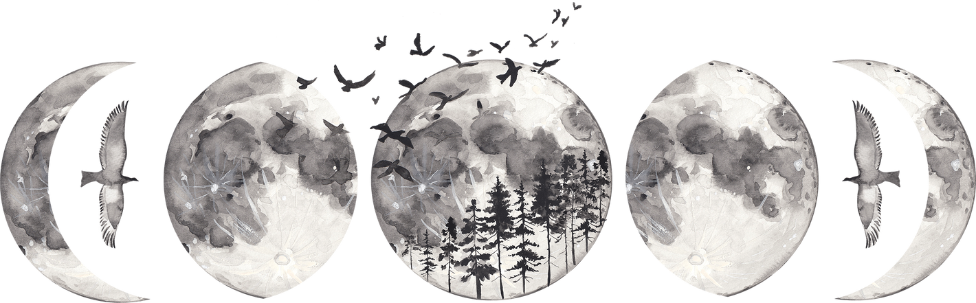 Forest moon phases watercolor composition